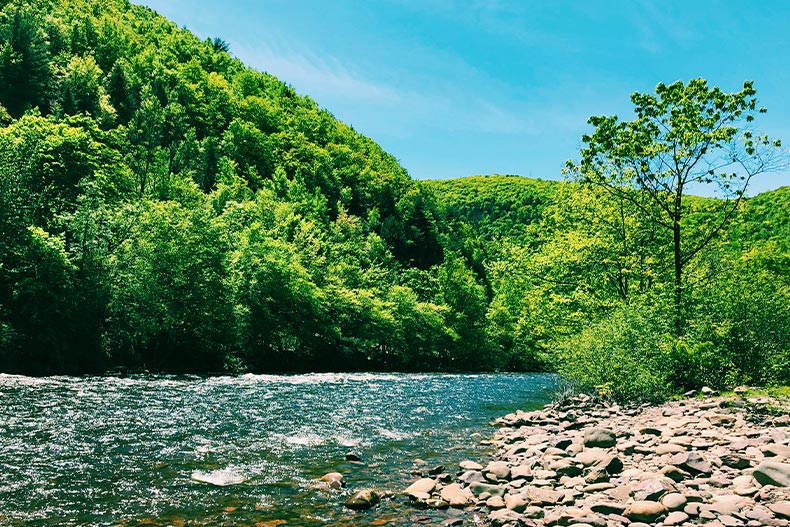 Lehigh river flowing past a wooded mountainside in Eastern Pennsylvania