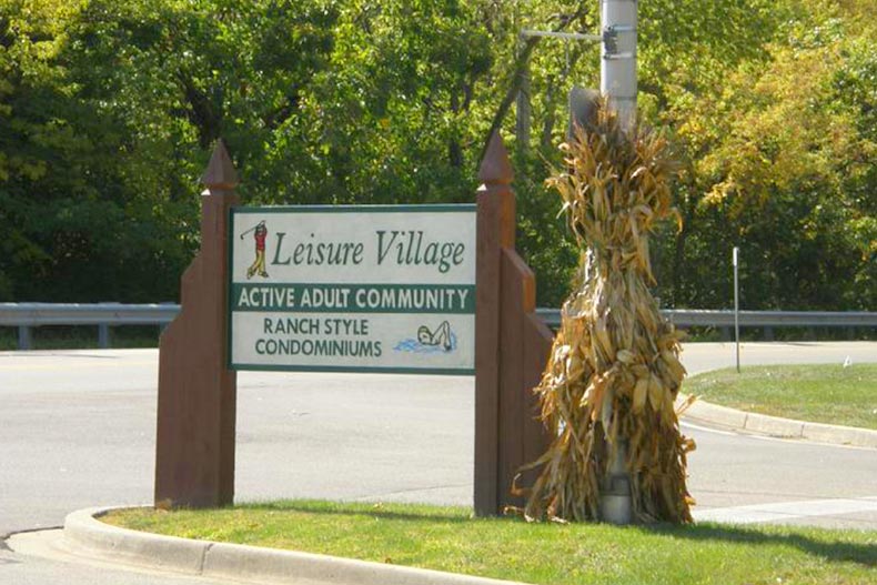 The community sign for Leisure Village in Fox Lake, Illinois