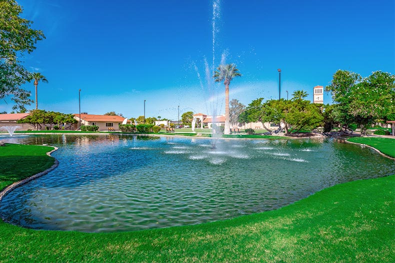 A fountain in a pond on the grounds of Leisure World in Mesa, Arizona