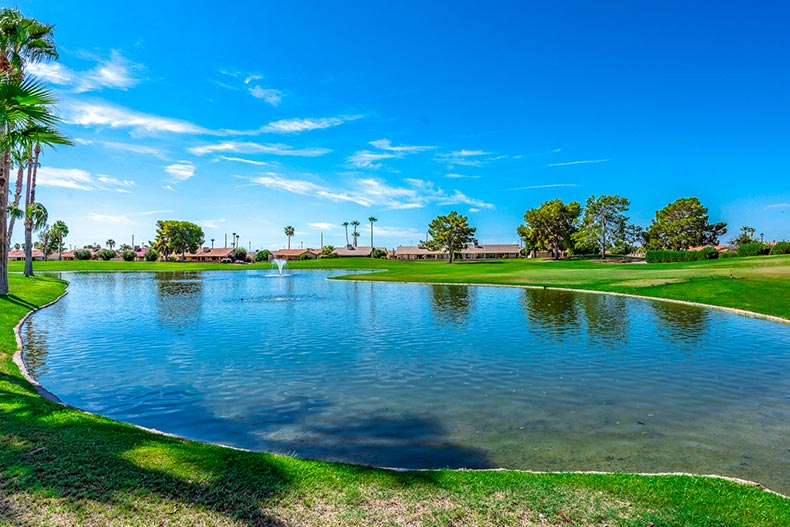 A picturesque pond on the grounds of Leisure World in Mesa, Arizona
