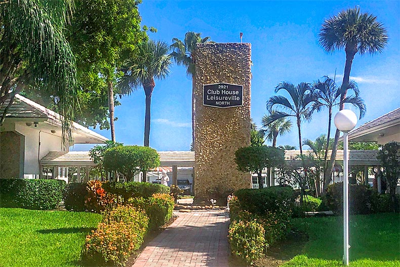 Entrance to the clubhouse at Leisureville in Pompano Beach, Florida