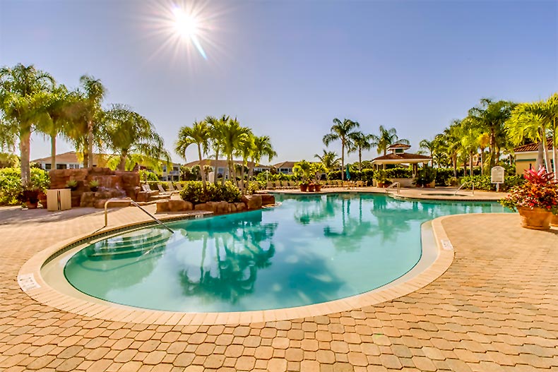 Photo of the outdoor pool and amenity complex with palm trees scattered around located in Lighthouse Bay, Bonita Springs, Florida