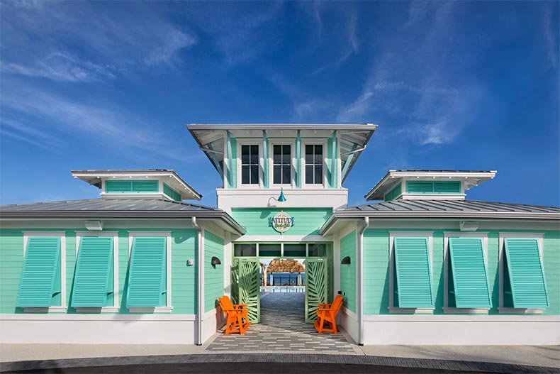 Exterior front view of the private beach club at Latitude Margaritaville in Daytona Beach, Florida