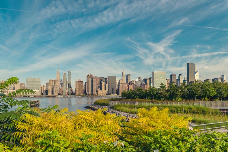 View of the New York City skyline from Long Island City on an early summer morning