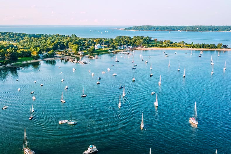 Aerial shot of many boats on the Long Island Sound in New York