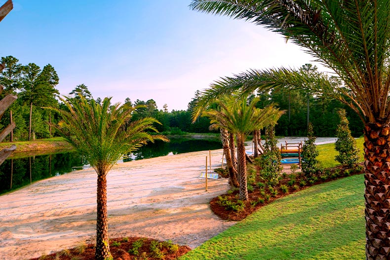 Photo of a small sandy beach area in Latitude Margaritaville with short palm trees in Hardeeville, South Carolina