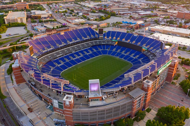 Aerial view of M&T Bank Stadium in Baltimore, Maryland