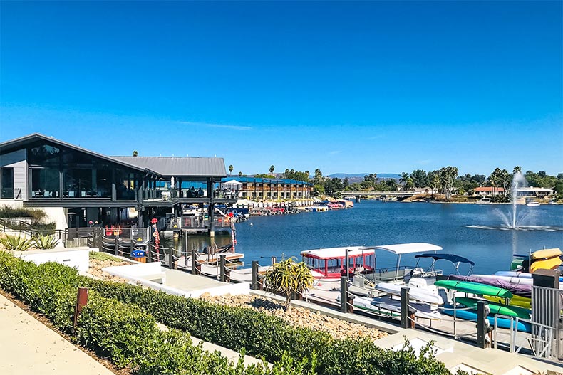 Boats at the community dock in Lake San Marcos in San Marcos, California