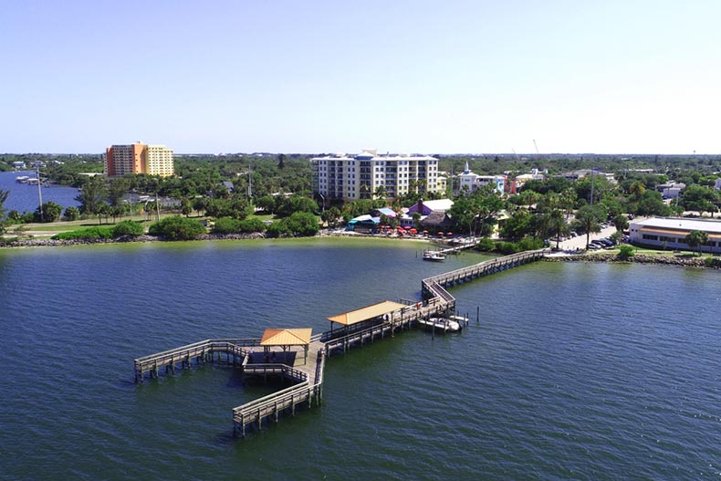 Aerial view of the Eau Gallie Fishing Pier in Melbourne, Florida
