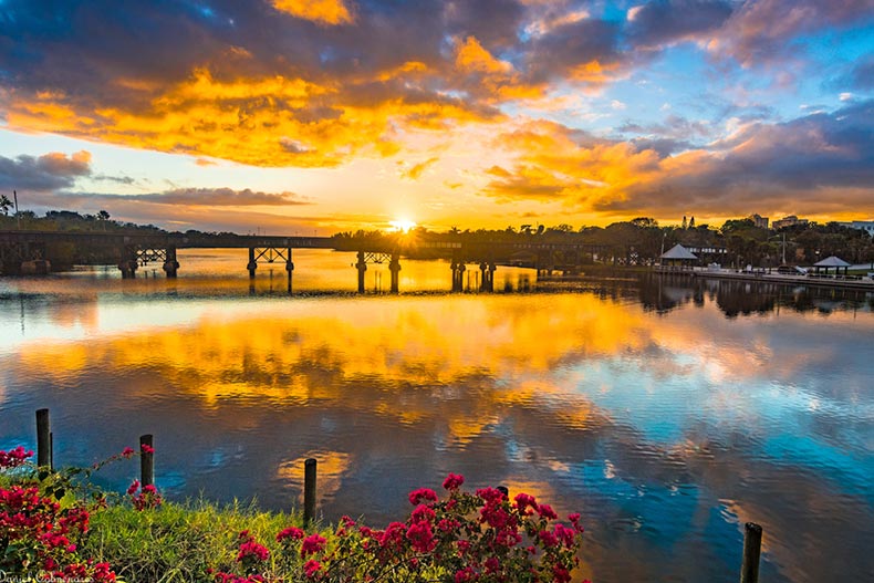 A colorful sunset over the water in Melbourne, Florida