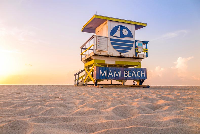 A colorful lifeguard tower at South Beach in Miami Beach, Florida
