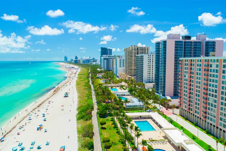 Aerial view of South Beach in Miami Beach, Florida on a sunny day