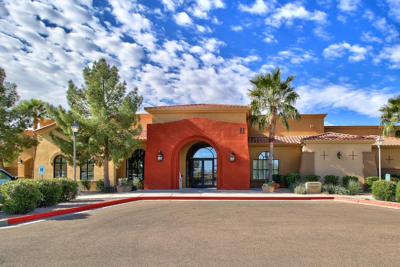 Exterior view of the community center at Mission Royale in Casa Grande, Arizona