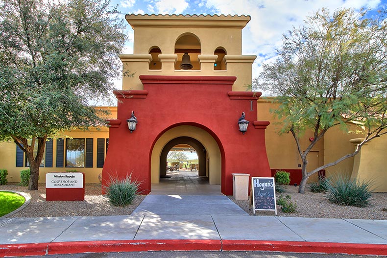 Exterior view of the on-site restaurant at Mission Royale in Casa Grande, Arizona