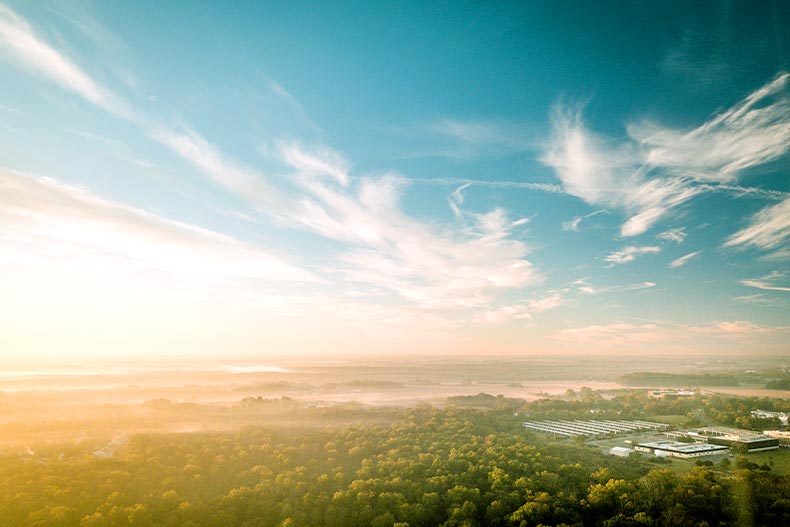 Aerial view of sunrise over Monmouth Junction, New Jersey