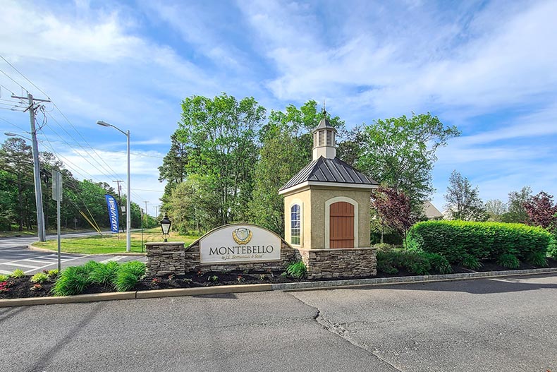 The community sign and entrance to Montebello in Berlin, New Jersey