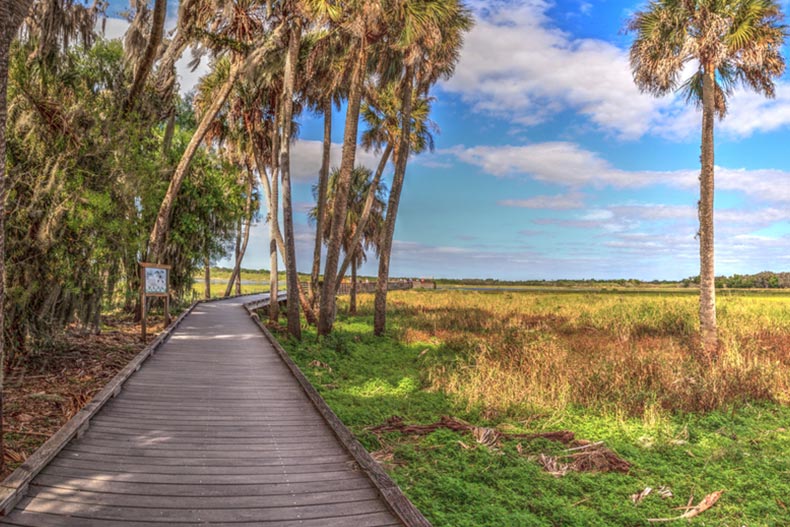 A bird-watching boardwalk in the marsh of Myakka State Park in Sarasota, Florida