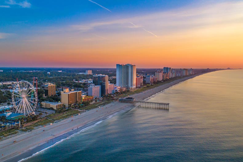 Aerial view of Downtown Myrtle Beach in South Carolina at sunset