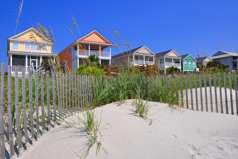 A row of colorful beach rentals on a summer day in Myrtle Beach, South Carolina