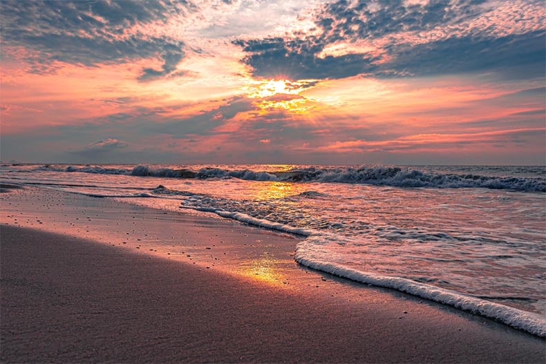 A sunset over the shoreline in Myrtle Beach, South Carolina