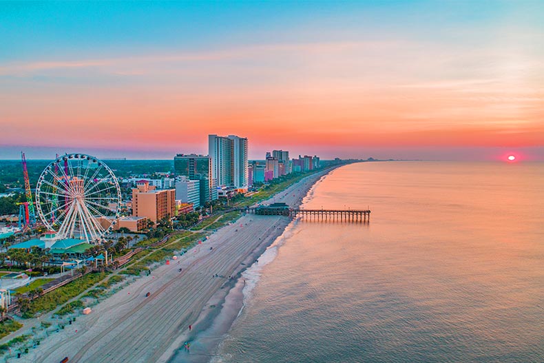 Aerial photo of the North Myrtle Beach boardwalk next to the Atlantic Ocean in South Carolina