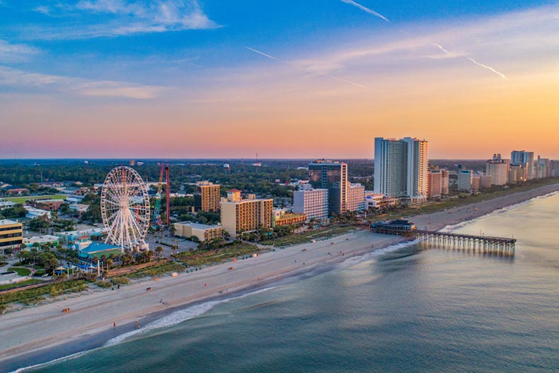 A sunset over the shoreline in Myrtle Beach, South Carolina