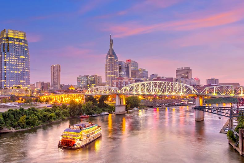 The downtown skyline of Nashville, Tennessee at twilight