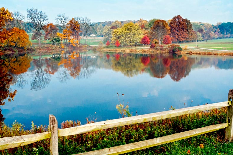 An Autumn view of the pond in Holmdel Park in Monmouth County, New Jersey