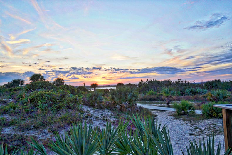 A sunset over the dunes at New Smyrna Beach in Florida