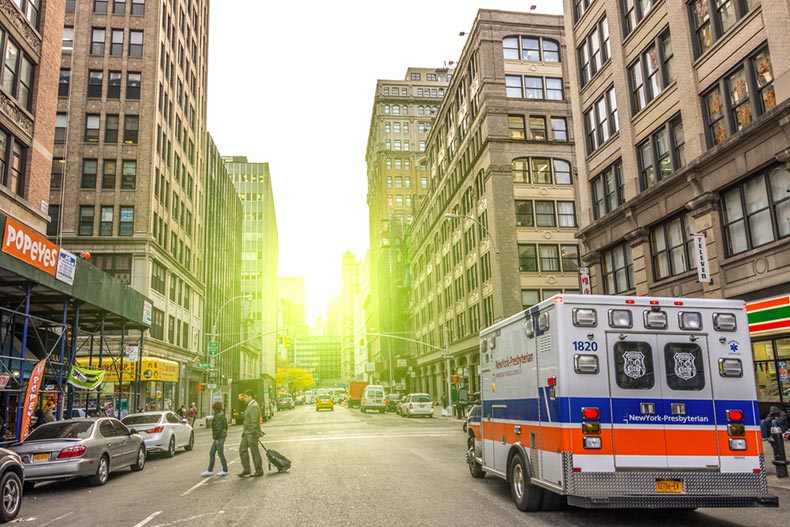 A New York Presbyterian Hospital van on the streets of New York City