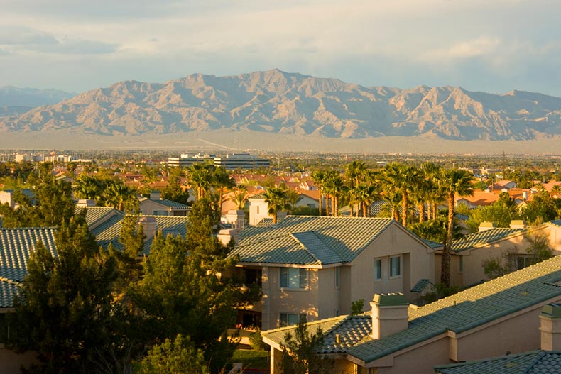 Aerial view of North Las Vegas in Nevada with mountains in the background