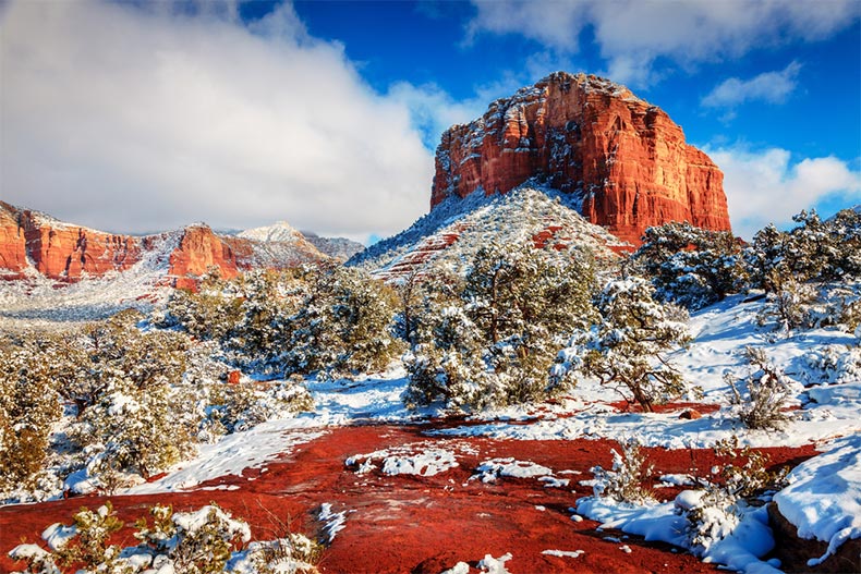 Courthouse Butte in Sedona, Arizona after a heavy snowstorm