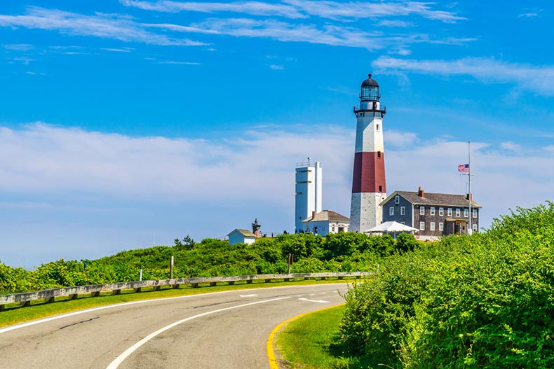 Blue sky over Montauk Point Lighthouse in Long Island, New York