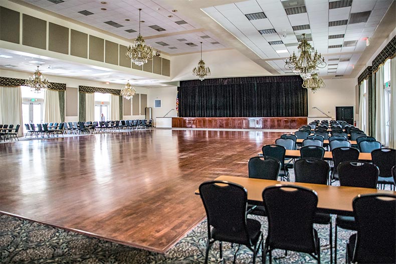 Interior view of the ballroom and stage at Oak Run in Ocala, Florida