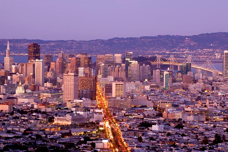 Aerial shot of the Oakland, California skyline on San Francisco Bay