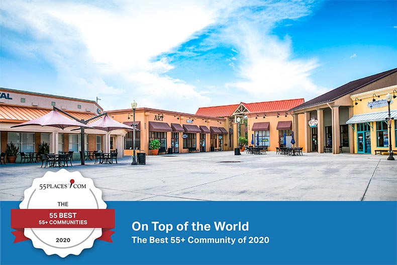 A town square at On Top of the World in Ocala, Florida with a "55 Best" banner on the bottom