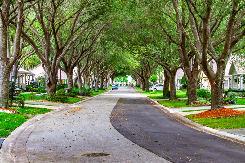 View down a residential street at On Top of the World in Ocala, Florida