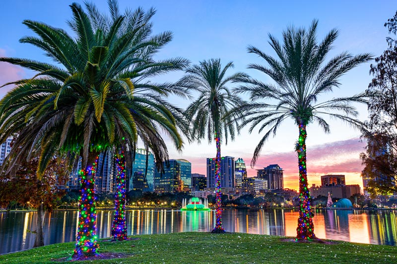Orlando, Florida downtown skyline at Eola Lake.