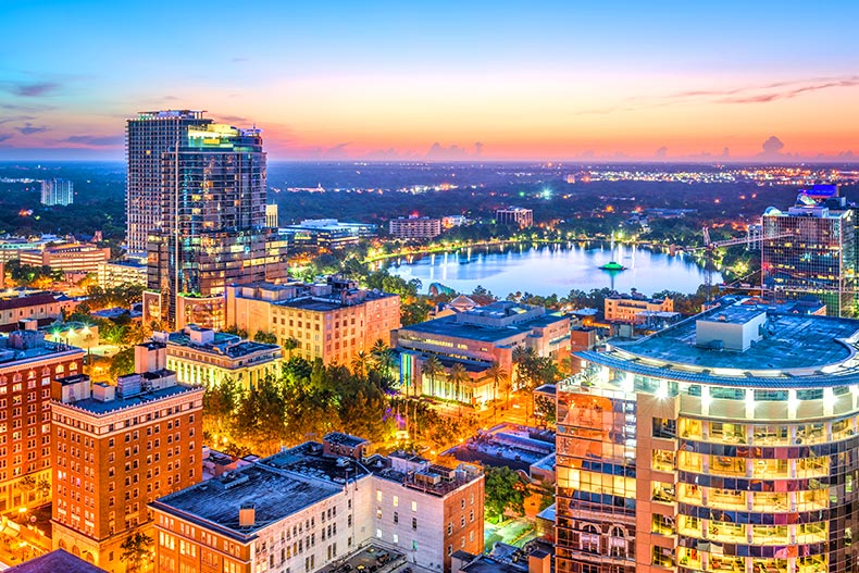 Aerial shot of downtown Orlando, Florida at night