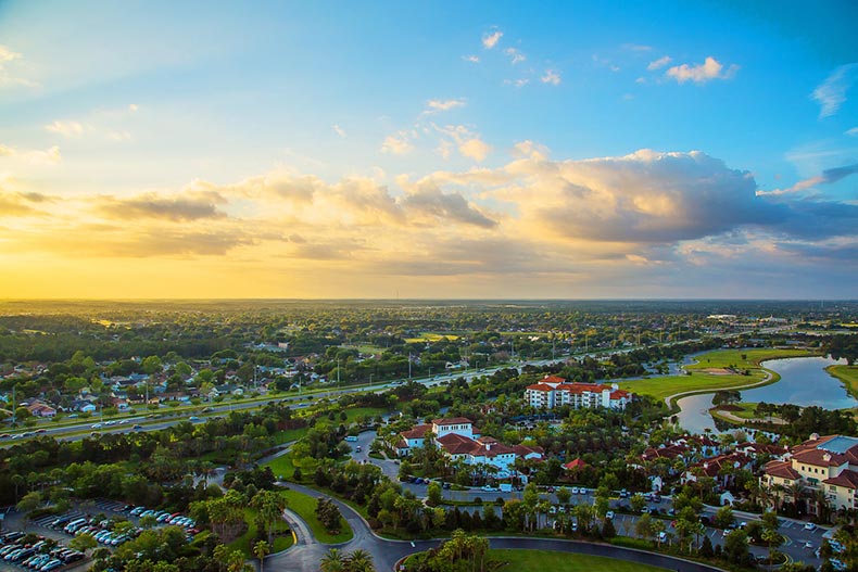 Aerial view of Orlando, Florida at sunset
