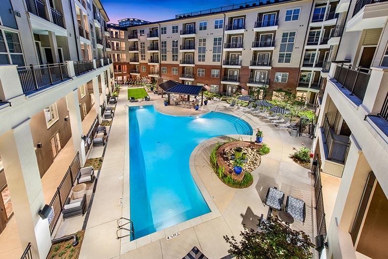 The outdoor pool and patio area at Overture Buckhead South in Atlanta, Georgia