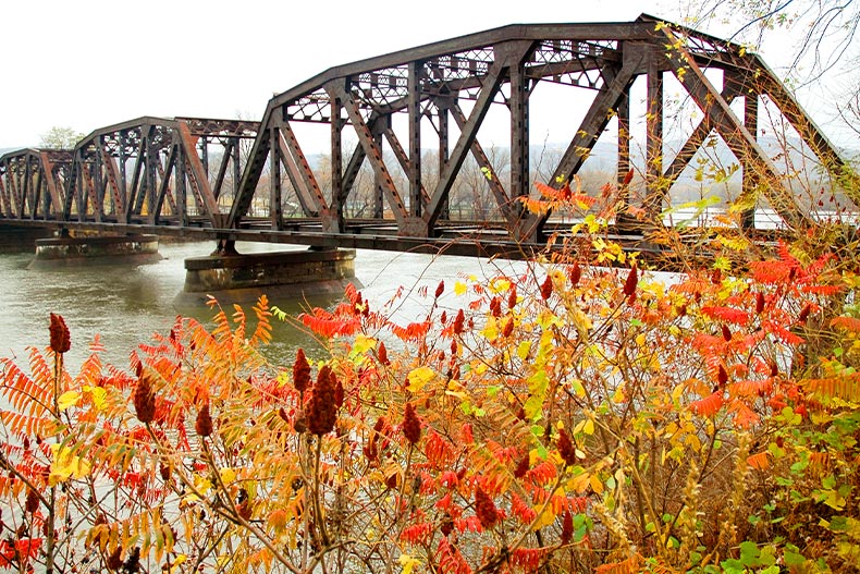 An old railroad bridge over a river framed by orange and yellow flowers in Easter Pennsylvania