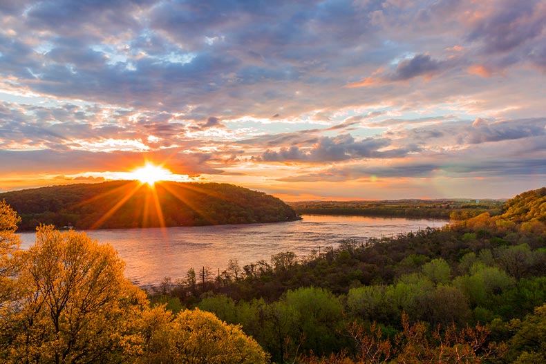 Sunset over Susquehanna River in Columbia, Pennsylvania during autumn