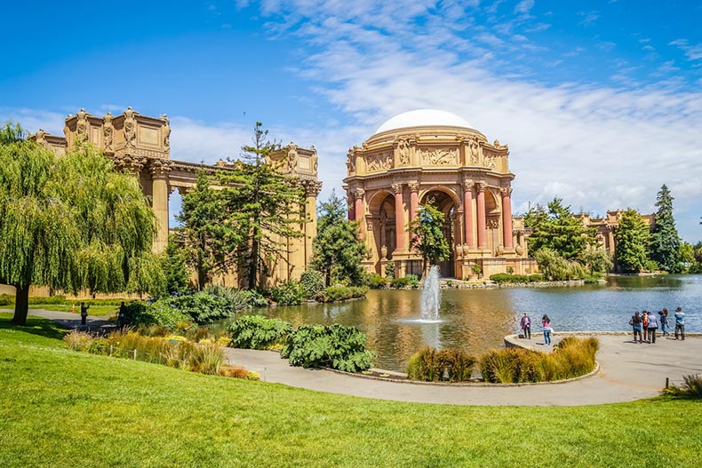 The grounds of the Palace of Fine Arts in San Francisco, California on a sunny day