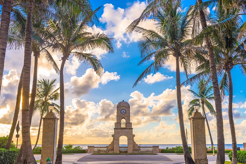 The clock tower on Worth Ave in Palm Beach, Florida at sunset
