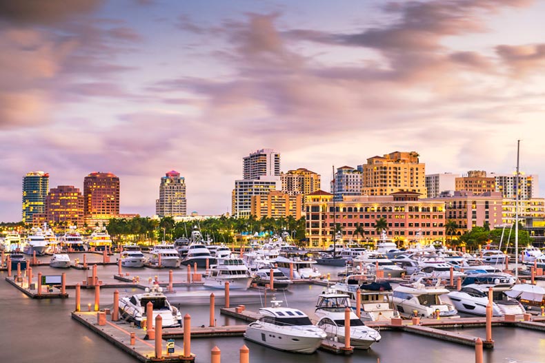 The downtown skyline on the Intracoastal Waterway at dusk in West Palm Beach, Florida