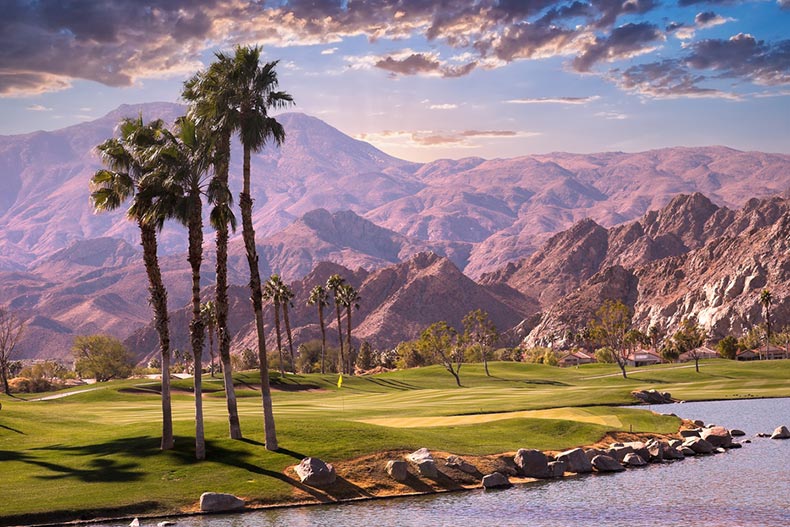 A golf course at sunset in Palm Springs, California