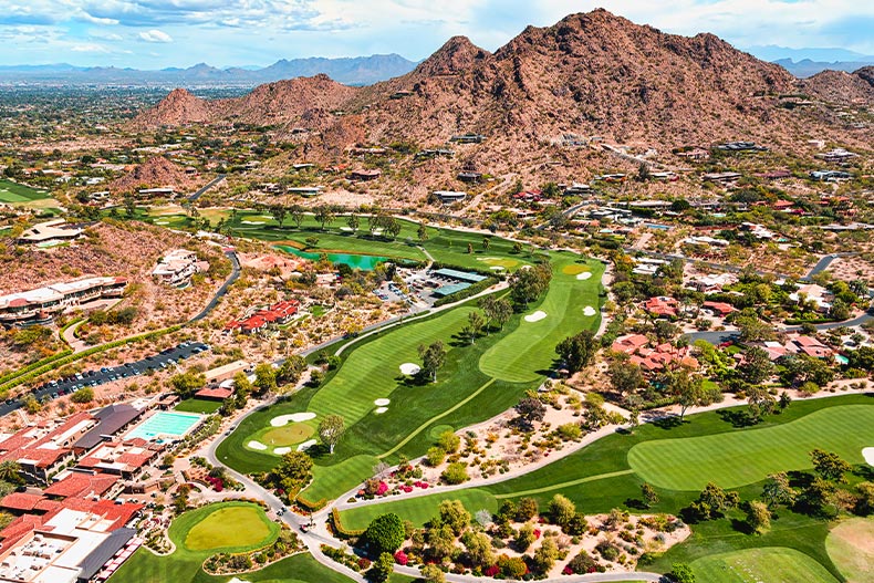Aerial photo of a golf course next to a mountain in Paradise Valley, Arizona