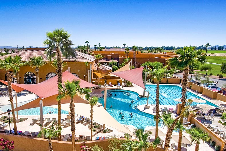Aerial view of the resort-style outdoor pool at PebbleCreek in Goodyear, Arizona