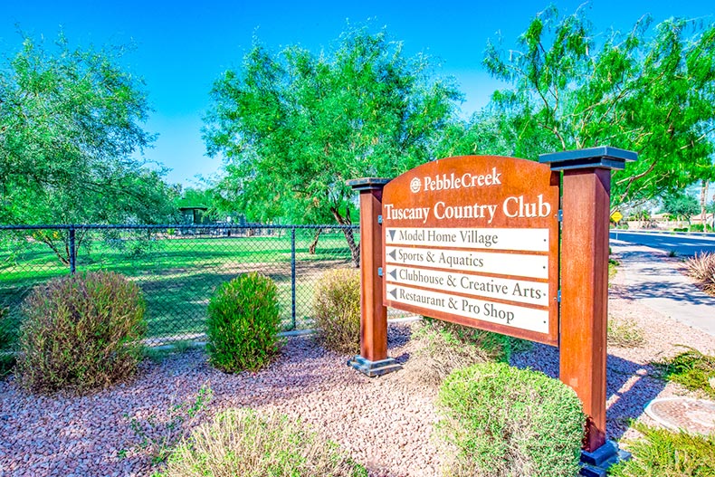 The sign for Tuscany Country Club at PebbleCreek in Goodyear, Arizona
